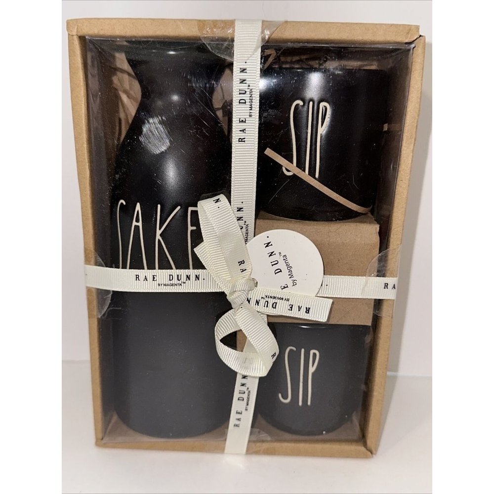 Rae Dunn SAKE Set AND‎ SIP Black Magenta Artisan Collection LL Sushi Brand New